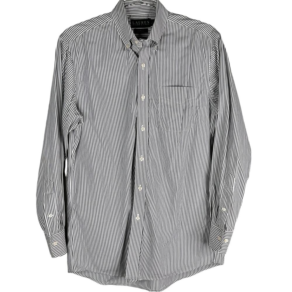 Lauren Ralph Lauren Dress Shirt 15.5 32/33 Gray White Stripes No Iron Slim Fit